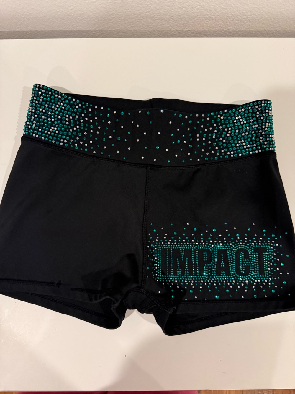 Black Athletic Shorts with Teal Crystal Accents